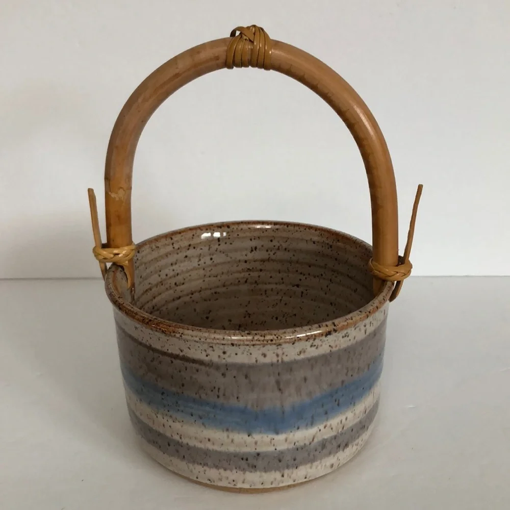 Art Pottery Glazed Basket Style Bowl With Bamboo Handle-Signed